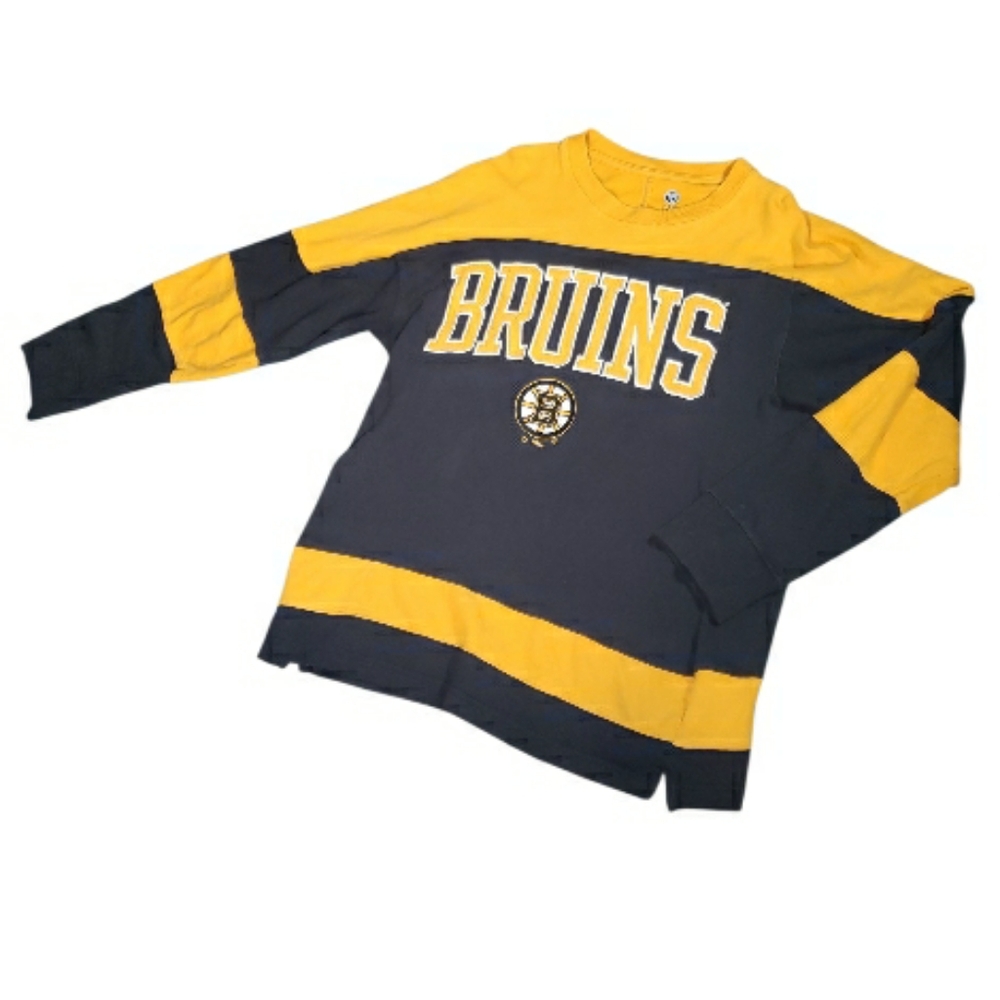 NHL Official Bruins Crewneck Rugby Long Sleeve Black Gold Applique Short FanTee